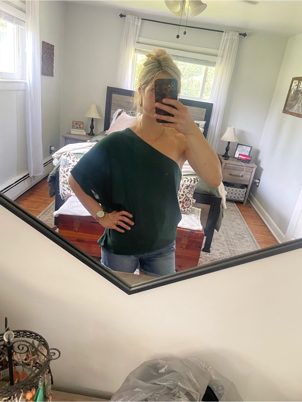 NWT Angashion One-Shoulder Dark Green Blouse S